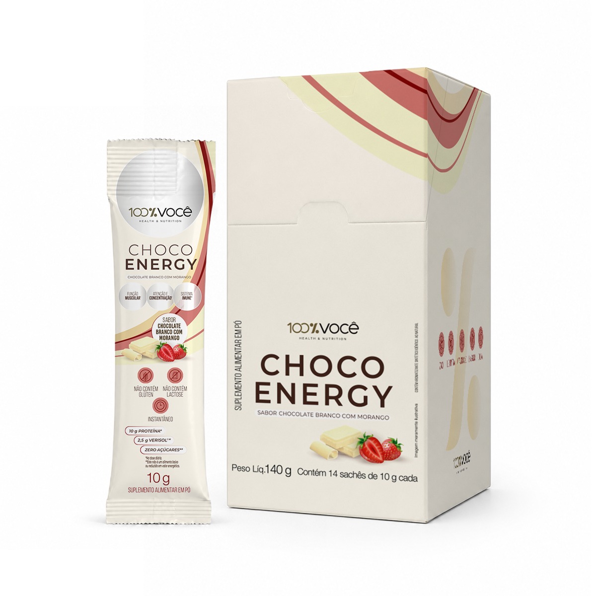 CHOCO ENERGY CHOCOLATE BRANCO COM MORANGO - DISPLAY COM 14 SACHÊS DE 10G